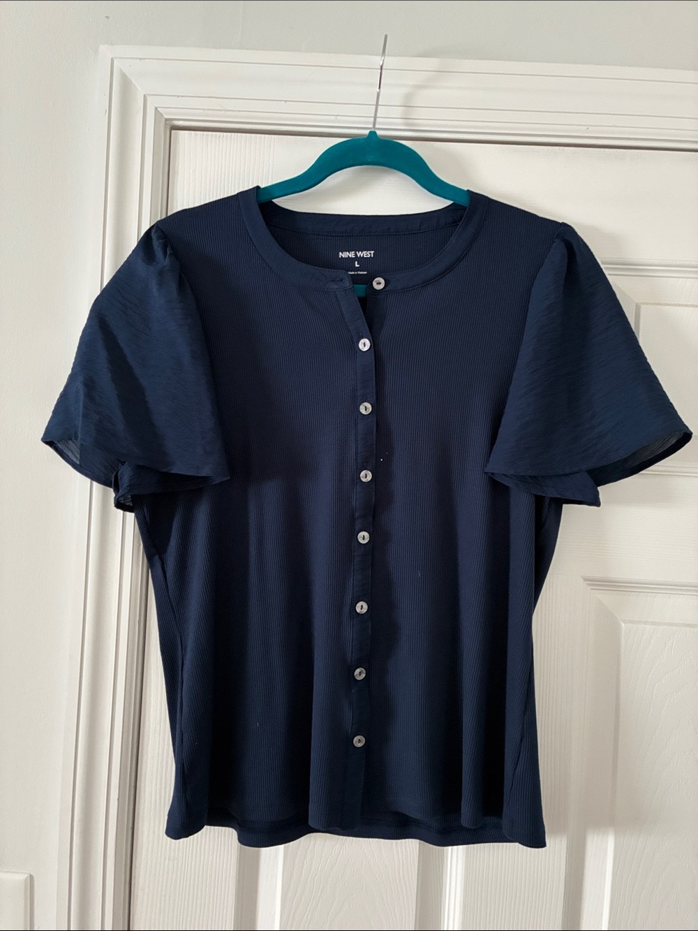 Nine West Navy Button-Front Flutter Sleeve Blouse